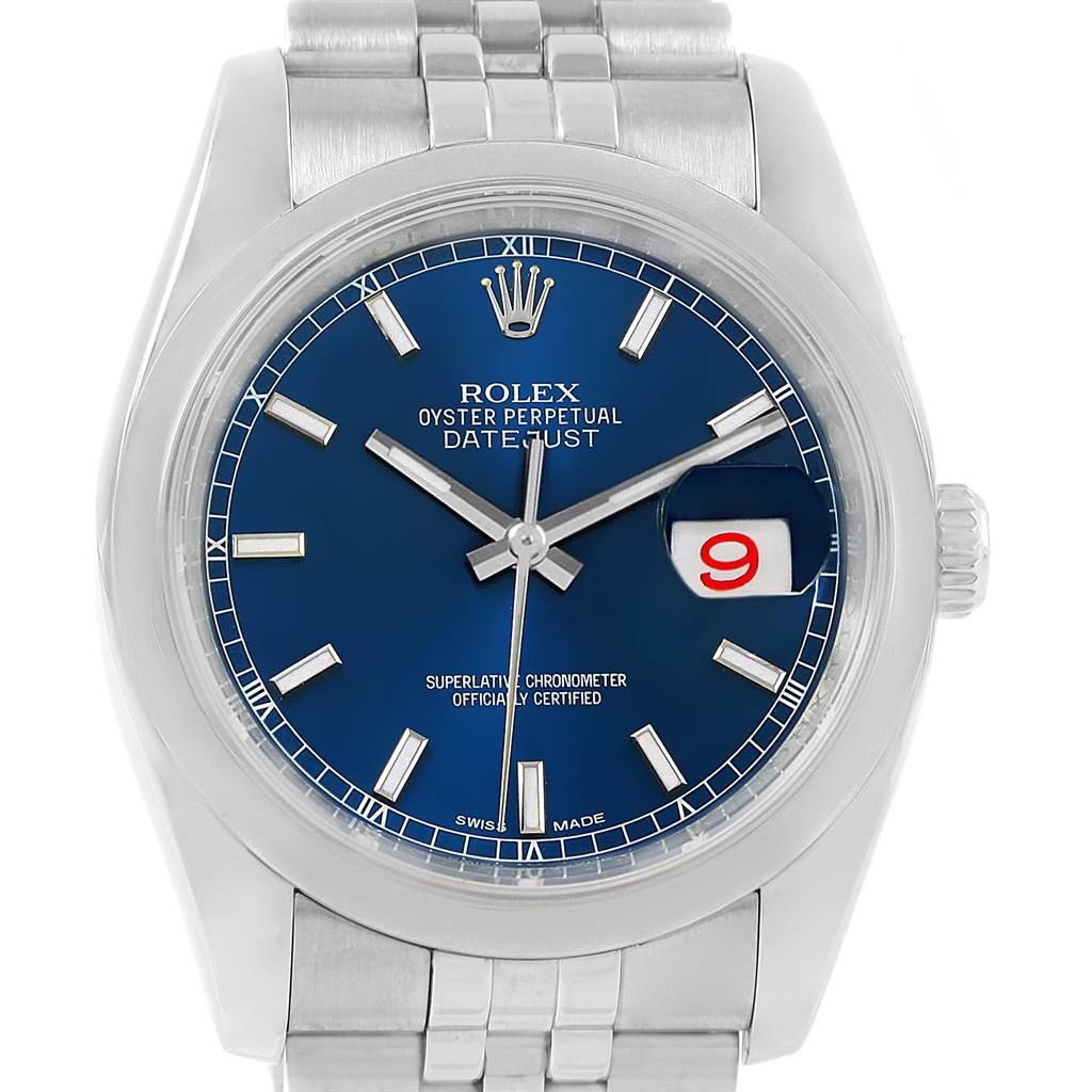 This image shows a frontal view of a Rolex Datejust 116200 Men's Stainless Steel Blue Dial 116200 Men's Stainless Steel Blue Dial watch, highlighting its dial, hands, and date indicator.