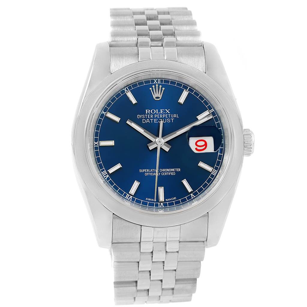 This image shows a front view of the Rolex Datejust 116200 Men's Stainless Steel Blue Dial 116200 Men's Stainless Steel Blue Dial watch, featuring its blue dial, bracelet, and signature date window.