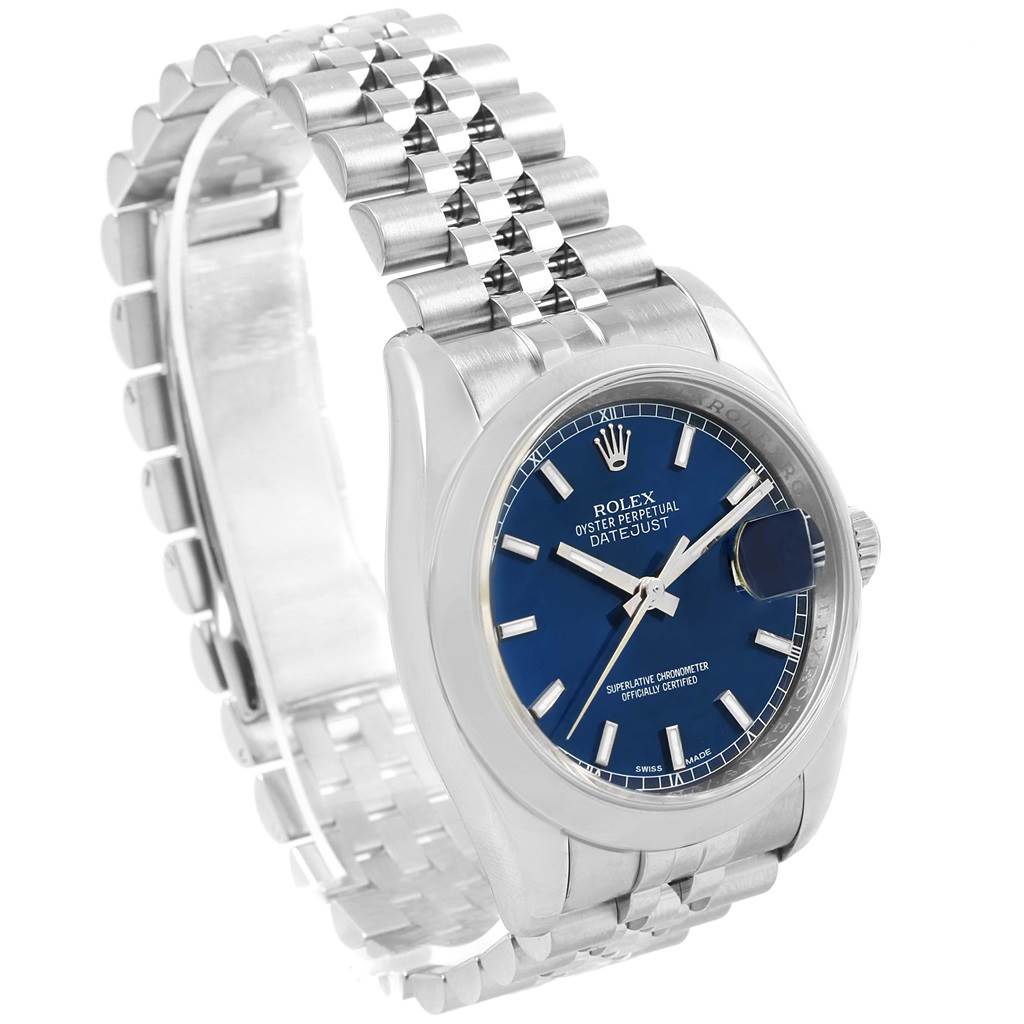 The image shows a Rolex Datejust 116200 Men's Stainless Steel Blue Dial 116200 Men's Stainless Steel Blue Dial watch at a three-quarter angle, highlighting the face, case, and part of the bracelet.