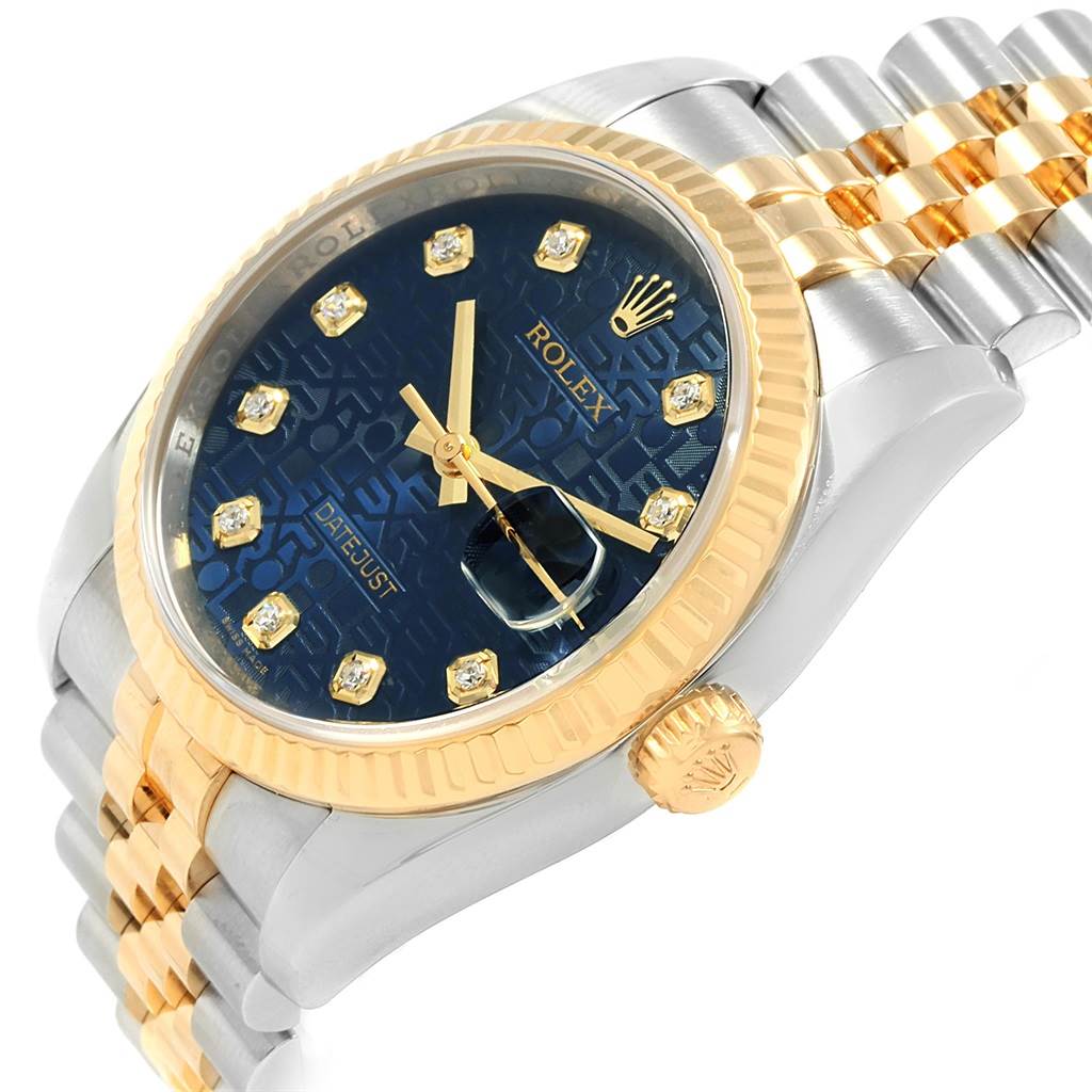 The image shows a Rolex Datejust 116233 Men's Stainless Steel Blue Dial 116233 Men's Stainless Steel Blue Dial watch at a side-angle, featuring its blue dial, diamond hour markers, and two-tone bracelet.