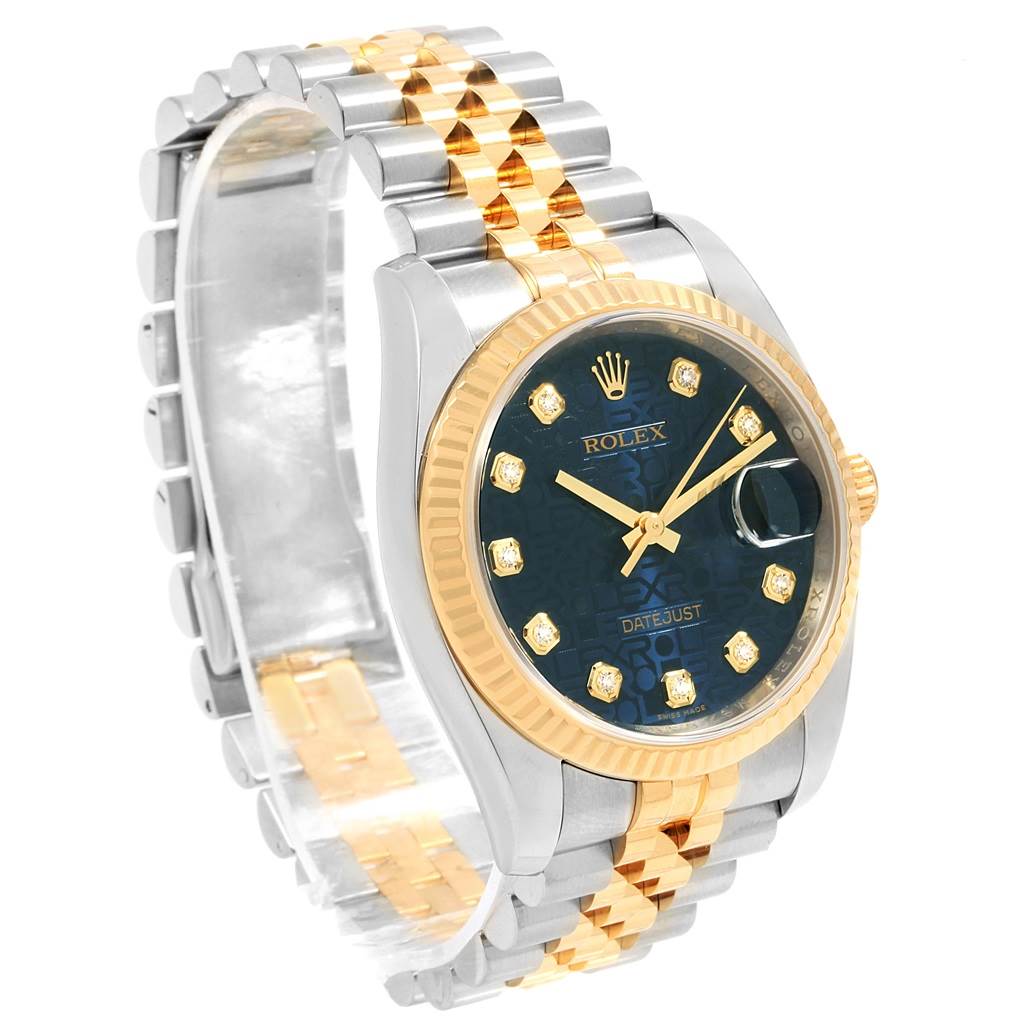 This Rolex Datejust 116233 Men's Stainless Steel Blue Dial 116233 Men's Stainless Steel Blue Dial model is shown from a slight side angle, highlighting its gold and silver bracelet and diamond hour markers.