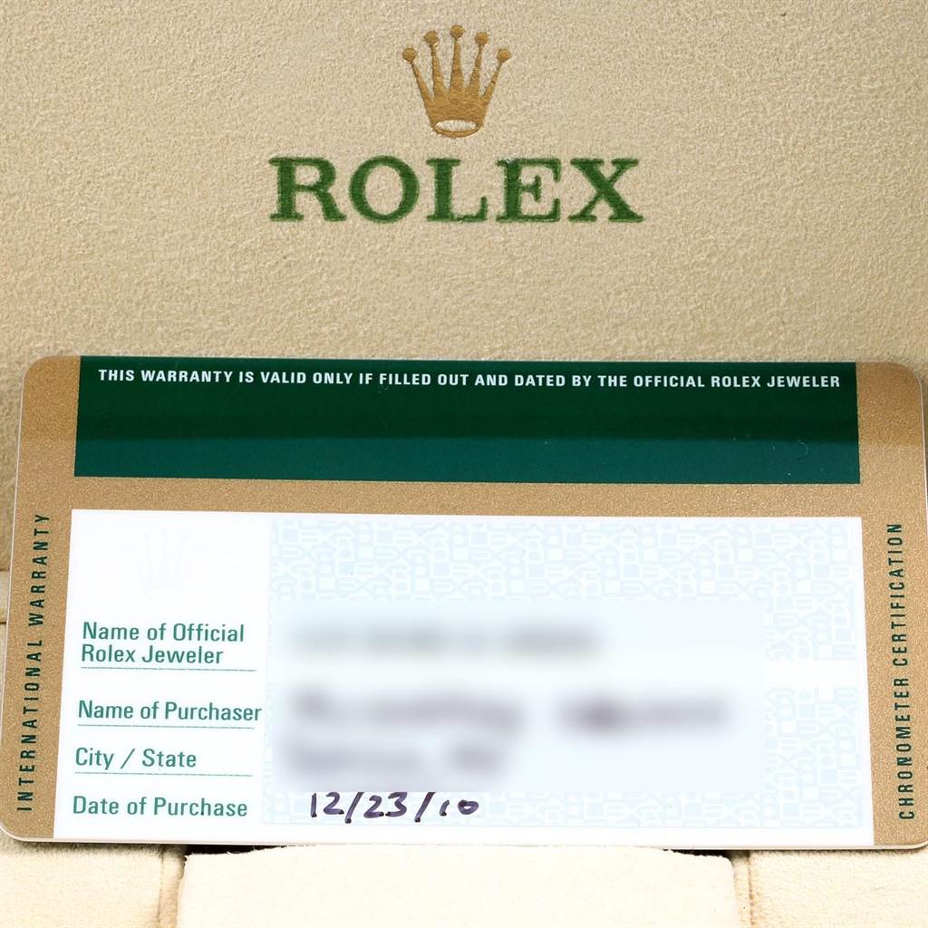 The image shows the warranty card for a Rolex Datejust 116233 Men's Stainless Steel Blue Dial 116233 Men's Stainless Steel Blue Dial watch with the Rolex logo and purchase information.