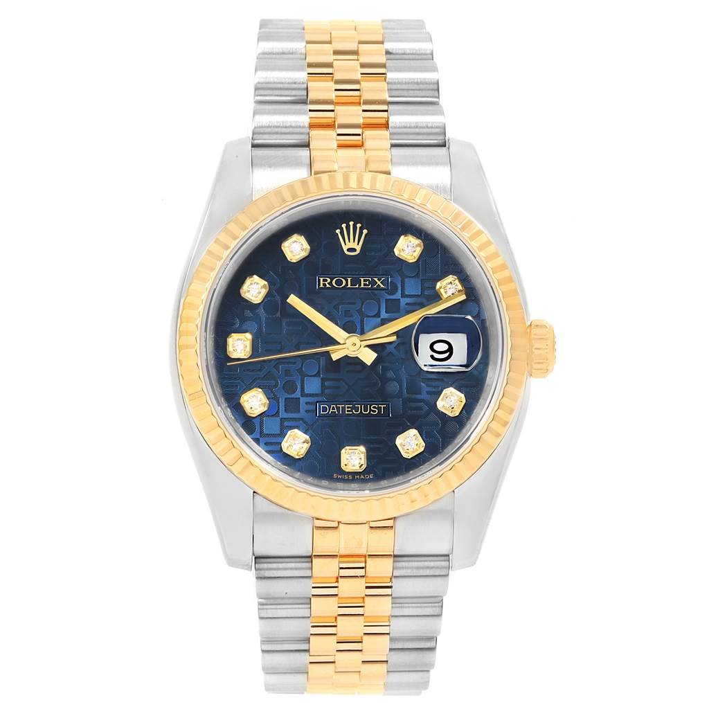 The image shows a front view of the Rolex Datejust 116233 Men's Stainless Steel Blue Dial 116233 Men's Stainless Steel Blue Dial watch with a blue dial, gold accents, and a two-tone bracelet.
