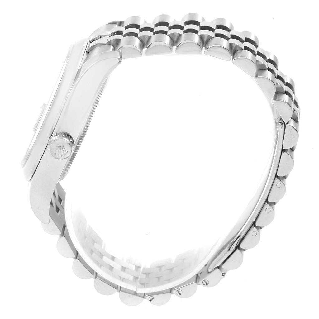 The image displays a side view of a Rolex Datejust 116200 Men's Stainless Steel Black Dial 116200 Men's Stainless Steel Black Dial watch, focusing on its case and Jubilee bracelet.