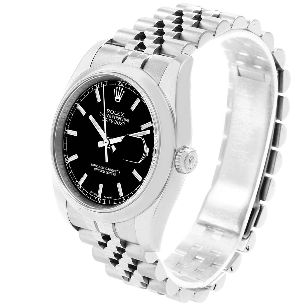 The image shows a Rolex Datejust 116200 Men's Stainless Steel Black Dial 116200 Men's Stainless Steel Black Dial watch angled from the front and right, highlighting the dial, bezel, crown, and bracelet.