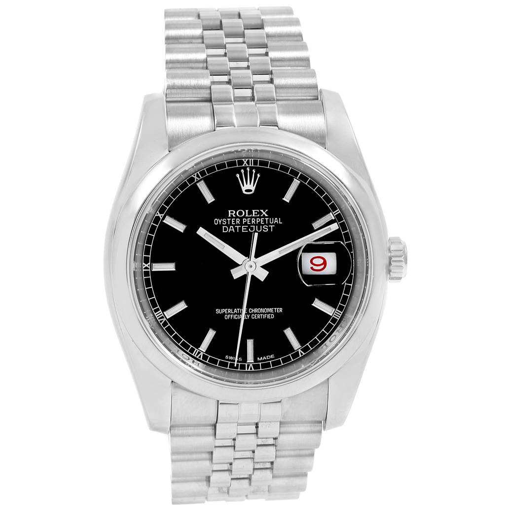 The image shows a frontal view of a Rolex Datejust 116200 Men's Stainless Steel Black Dial 116200 Men's Stainless Steel Black Dial watch displaying its dial, hands, bracelet, and date window.