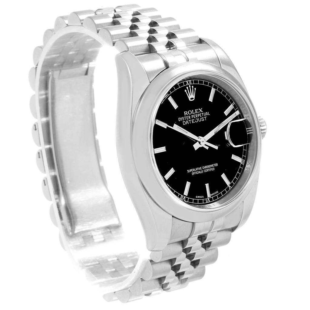 The Rolex Datejust 116200 Men's Stainless Steel Black Dial 116200 Men's Stainless Steel Black Dial watch is shown at a slight angle, displaying the black dial, bracelet, case, crown, and part of the clasp.