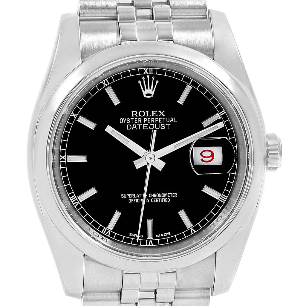 This image shows a front view of a Rolex Datejust 116200 Men's Stainless Steel Black Dial 116200 Men's Stainless Steel Black Dial watch displaying the dial, hands, crown, and part of the bracelet.