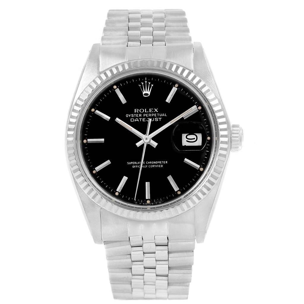 This image shows a Rolex Datejust 1601 Men's Stainless Steel Black Dial 1601 Men's Stainless Steel Black Dial watch from a front angle, highlighting its black dial, fluted bezel, and stainless steel bracelet.