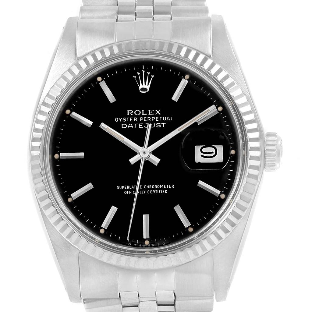 This image shows a Rolex Datejust 1601 Men's Stainless Steel Black Dial 1601 Men's Stainless Steel Black Dial watch from a front angle, highlighting the black dial, fluted bezel, and stainless steel bracelet.