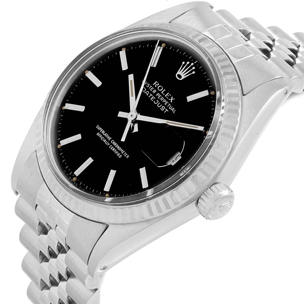 The image shows a Rolex Datejust 1601 Men's Stainless Steel Black Dial 1601 Men's Stainless Steel Black Dial watch angled slightly from the side, displaying its face, crown, and stainless steel bracelet.