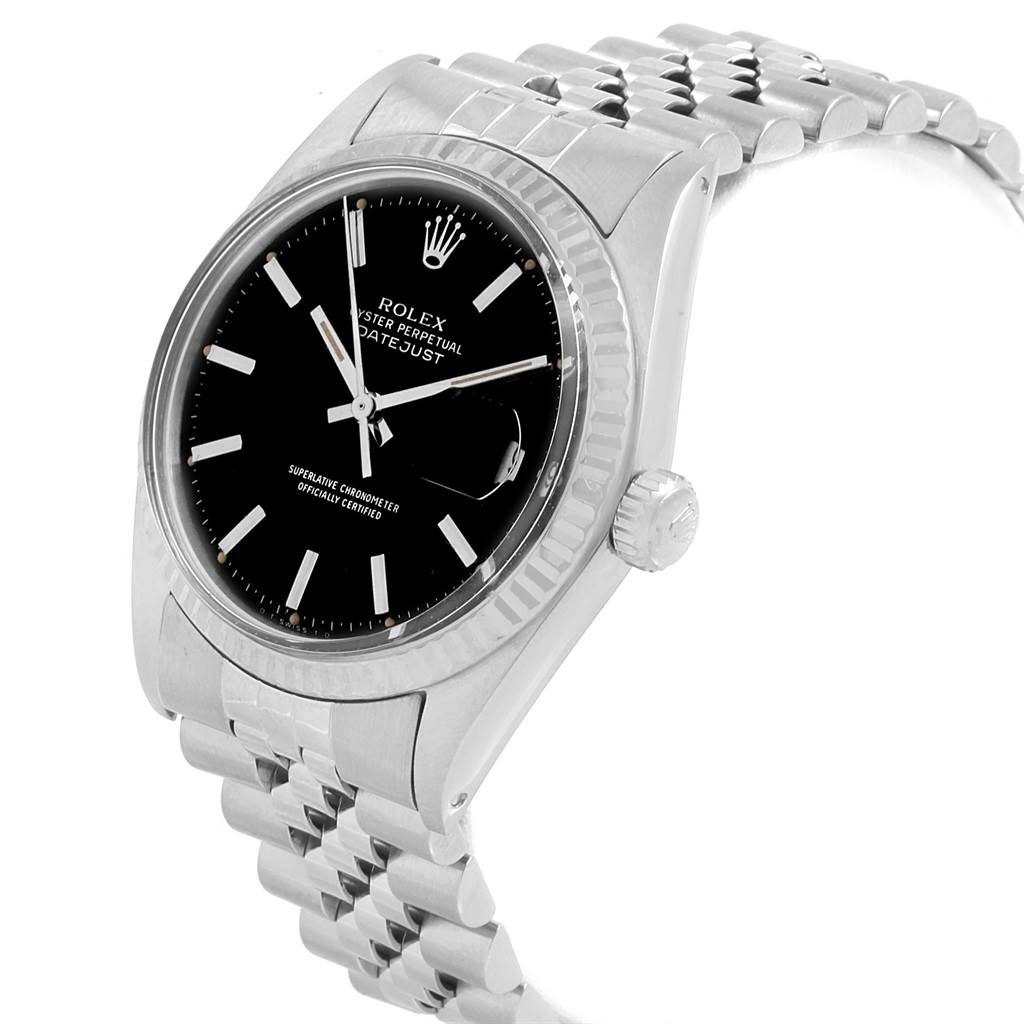The image shows a side-angle view of a Rolex Datejust 1601 Men's Stainless Steel Black Dial 1601 Men's Stainless Steel Black Dial watch, displaying its face, bezel, crown, and partial bracelet.