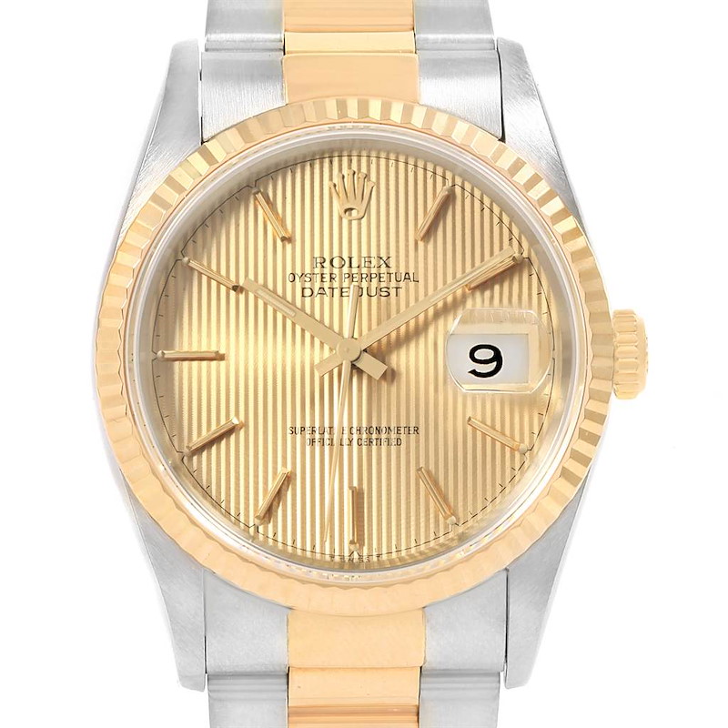 Rolex Datejust Steel Yellow Gold Tapestry Dial Mens Watch 16233 Box Papers SwissWatchExpo