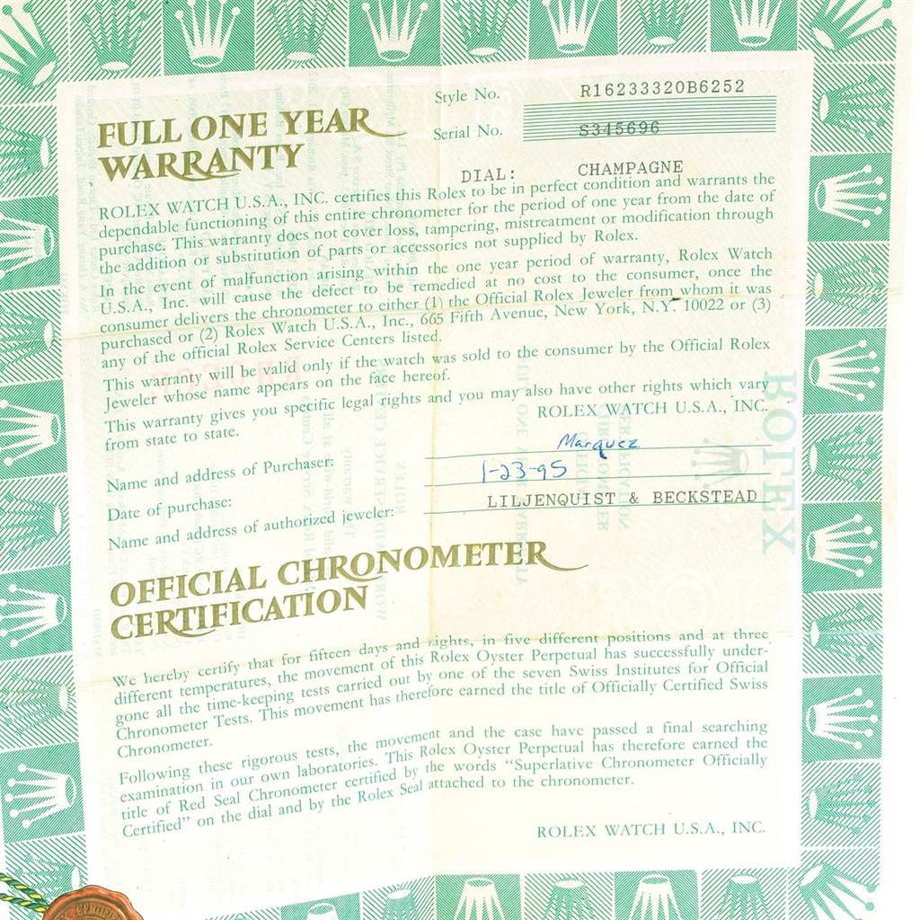 This image shows the full one-year warranty and official chronometer certification documents for a Rolex Datejust 16233 Men's Steel and Gold (two tone) Champagne Dial 16233 Men's Steel and Gold (two tone) Champagne Dial model watch.
