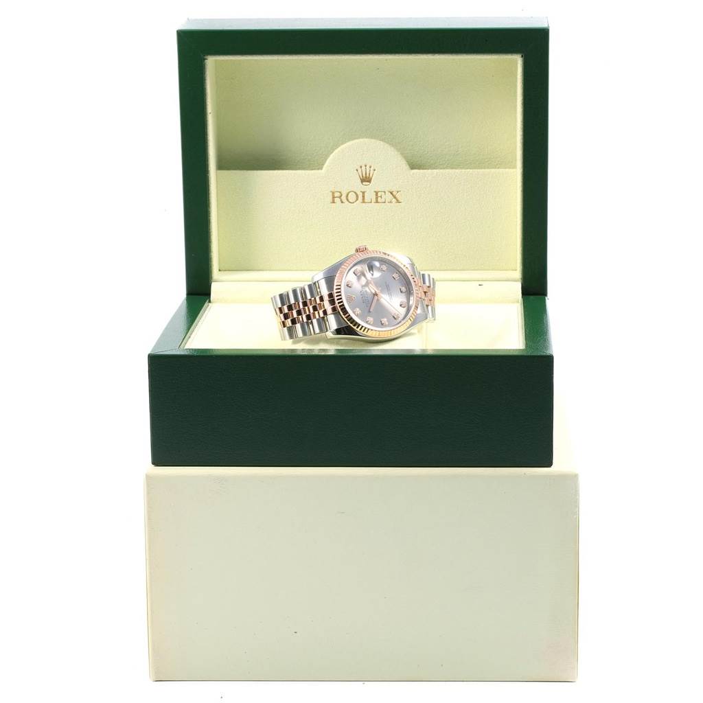 The Rolex Datejust 116231 Men's Steel and Gold (two tone) Grey Dial 116231 Men's Steel and Gold (two tone) Grey Dial watch is shown in a display box, viewed from the front.