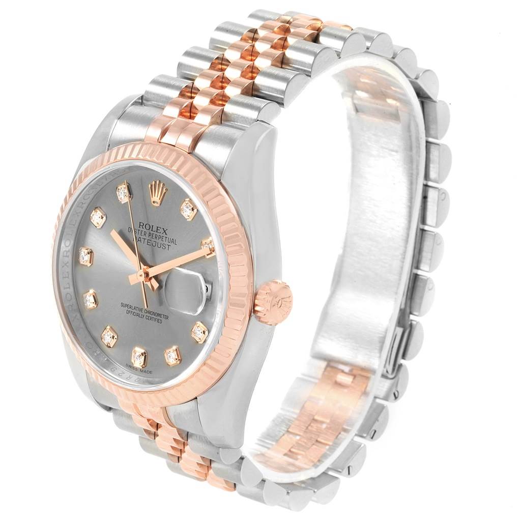 The image shows a side profile of a Rolex Datejust 116231 Men's Steel and Gold (two tone) Grey Dial 116231 Men's Steel and Gold (two tone) Grey Dial watch, highlighting its bi-metal bracelet, bezel, dial, and crown.