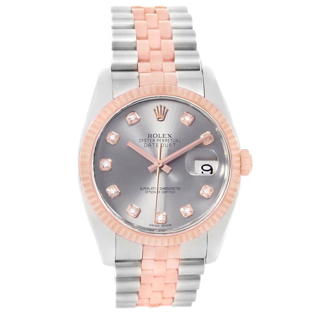 This image shows a front view of a Rolex Datejust 116231 Men's Steel and Gold (two tone) Grey Dial 116231 Men's Steel and Gold (two tone) Grey Dial watch with a pink gold and silver jubilee bracelet, diamond hour markers, and a date window.
