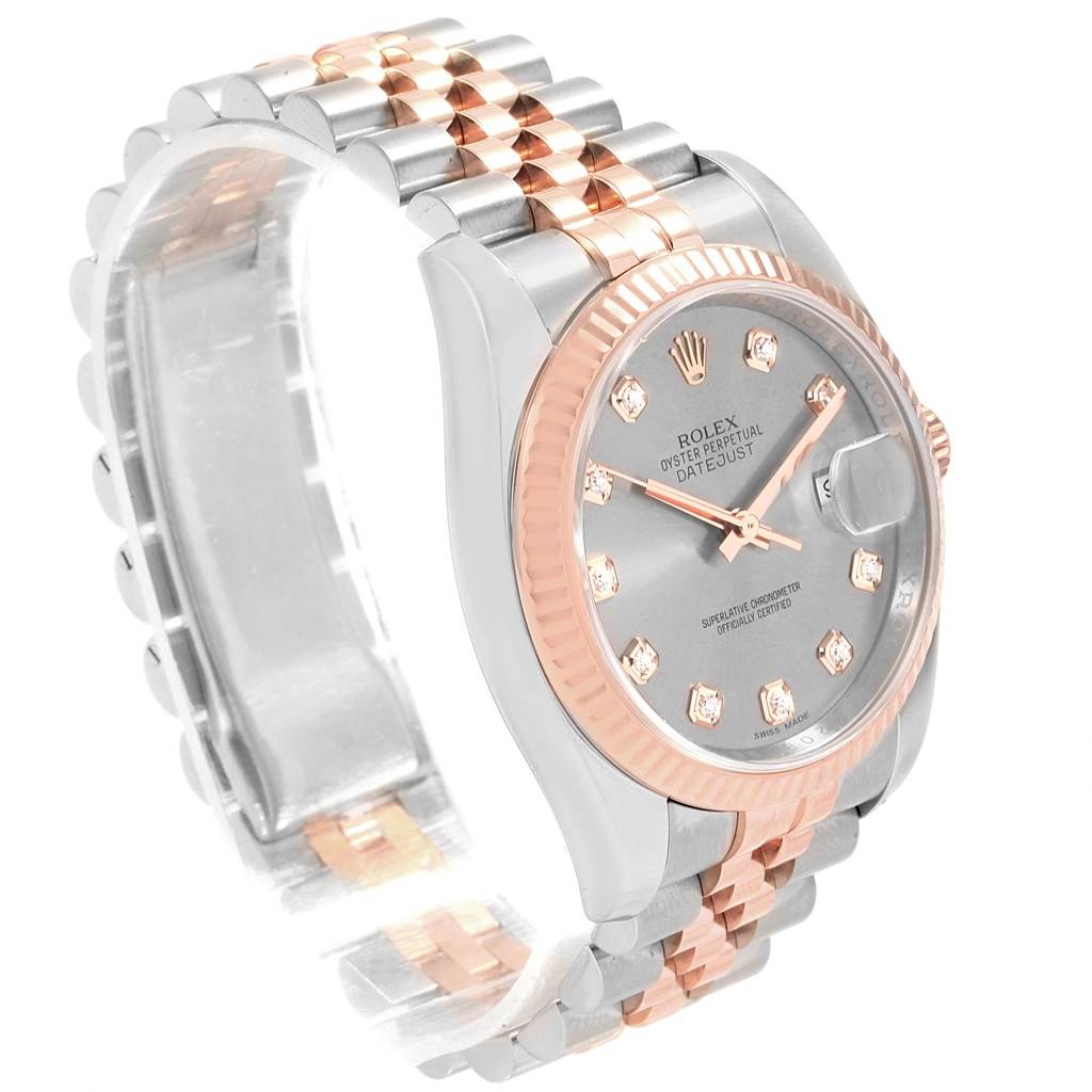 The Rolex Datejust 116231 Men's Steel and Gold (two tone) Grey Dial 116231 Men's Steel and Gold (two tone) Grey Dial watch is shown at a side angle, highlighting its silver and rose gold bracelet and diamond-studded dial.