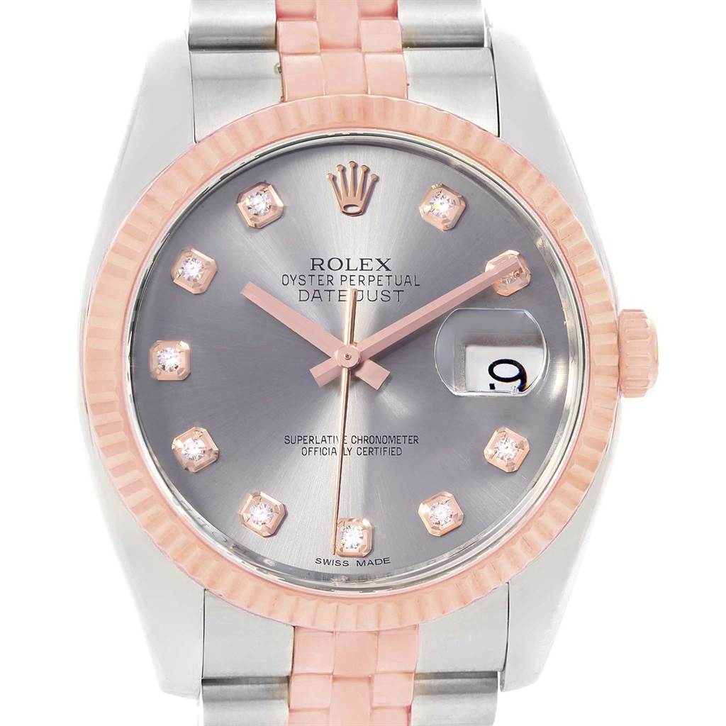 The image shows a close-up of the Rolex Datejust 116231 Men's Steel and Gold (two tone) Grey Dial 116231 Men's Steel and Gold (two tone) Grey Dial watch, focusing on the dial, bezel, and part of the bracelet.