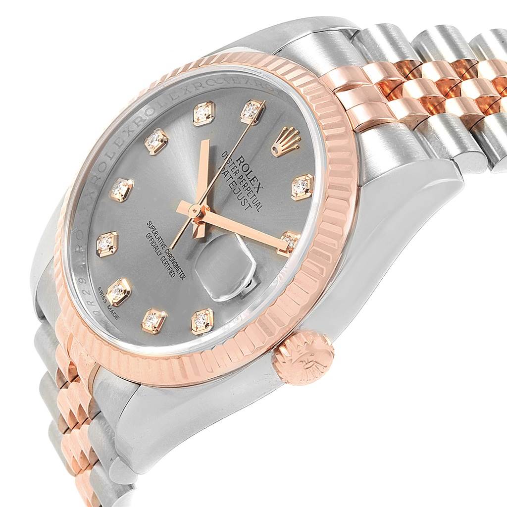 This image shows a Rolex Datejust 116231 Men's Steel and Gold (two tone) Grey Dial 116231 Men's Steel and Gold (two tone) Grey Dial watch at an angle highlighting the face, bezel, crown, and portion of the bracelet.