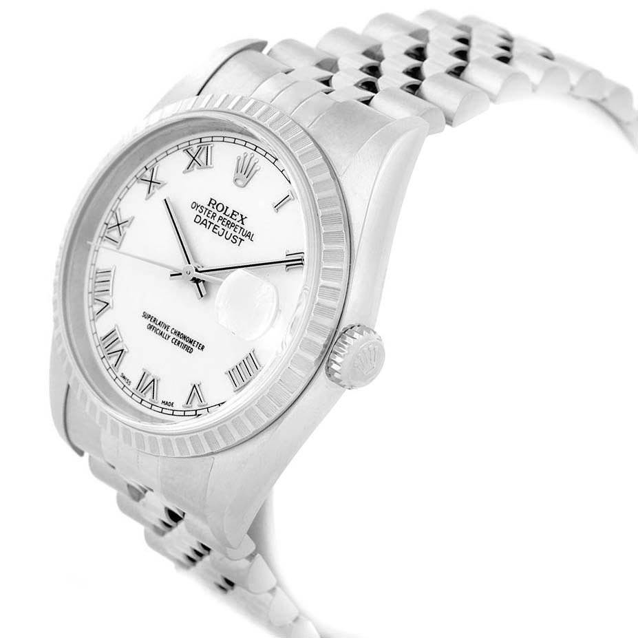 The image shows a side angle of a Rolex Datejust 16220 Men
s Stainless Steel White Dial 16220 Men
s Stainless Steel White Dial watch focusing on the face, bezel, crown, and part of the bracelet.