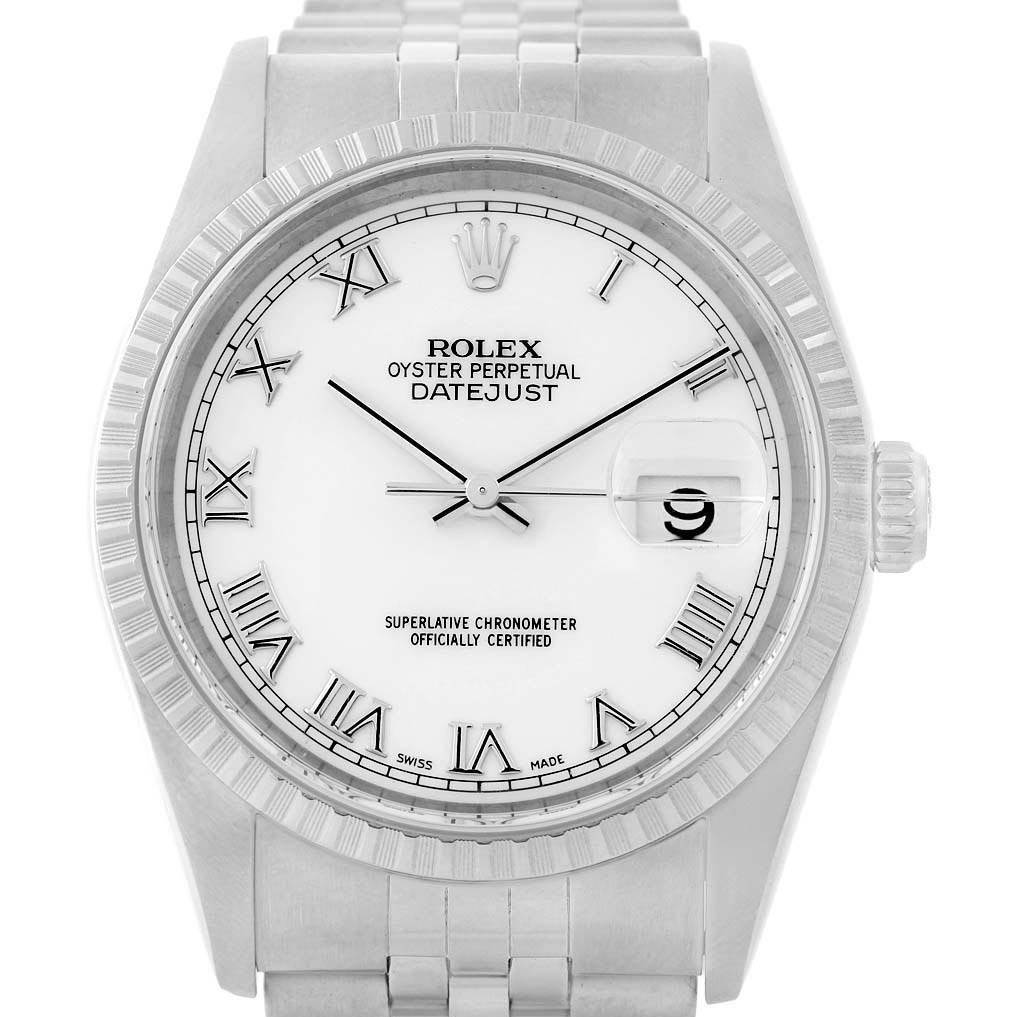 This image shows a frontal view of a Rolex Datejust 16220 Men
s Stainless Steel White Dial 16220 Men
s Stainless Steel White Dial watch, showcasing its dial, bezel, crown, and part of the bracelet.