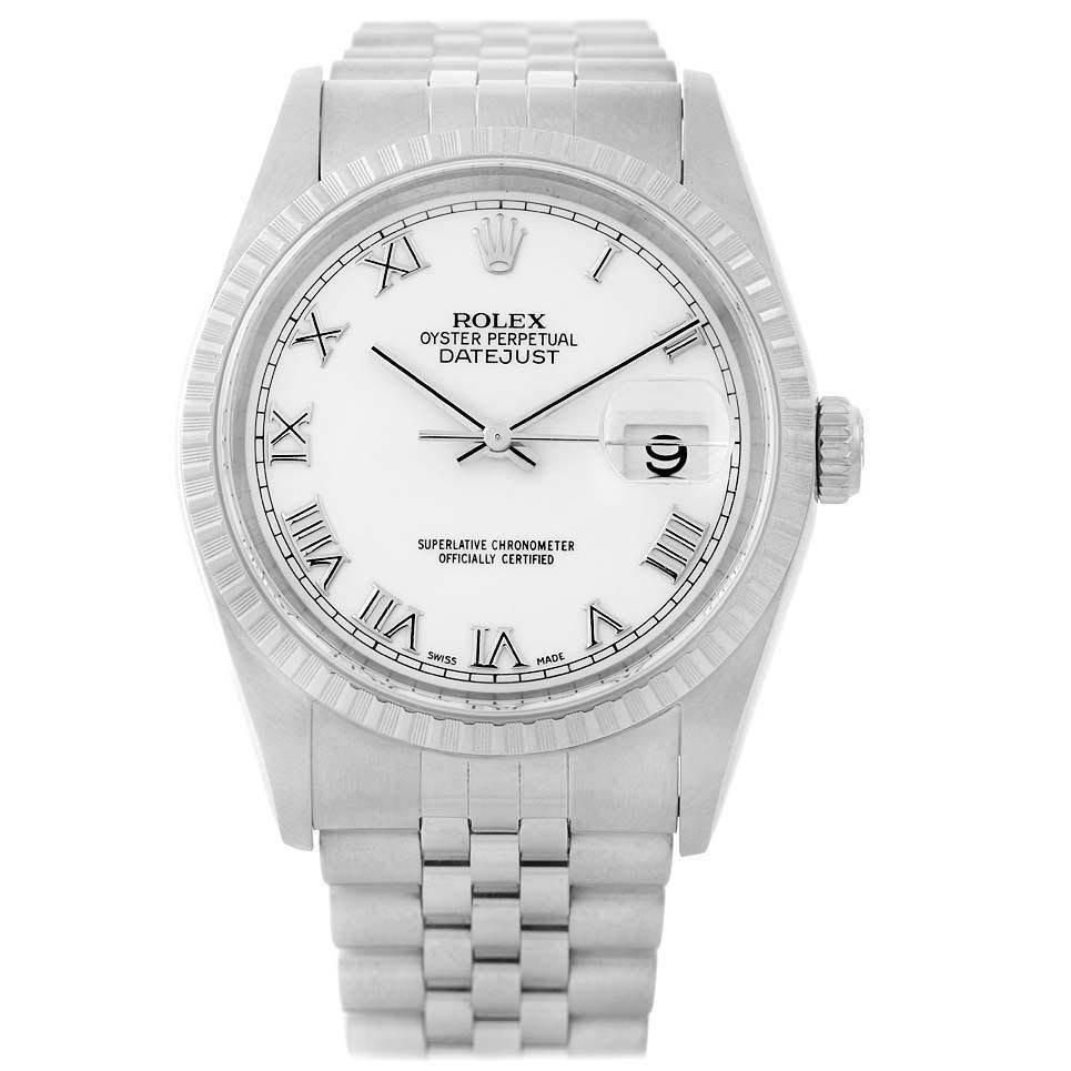 The image shows a front view of the Rolex Datejust 16220 Men
s Stainless Steel White Dial 16220 Men
s Stainless Steel White Dial watch featuring its face, bezel, and bracelet.