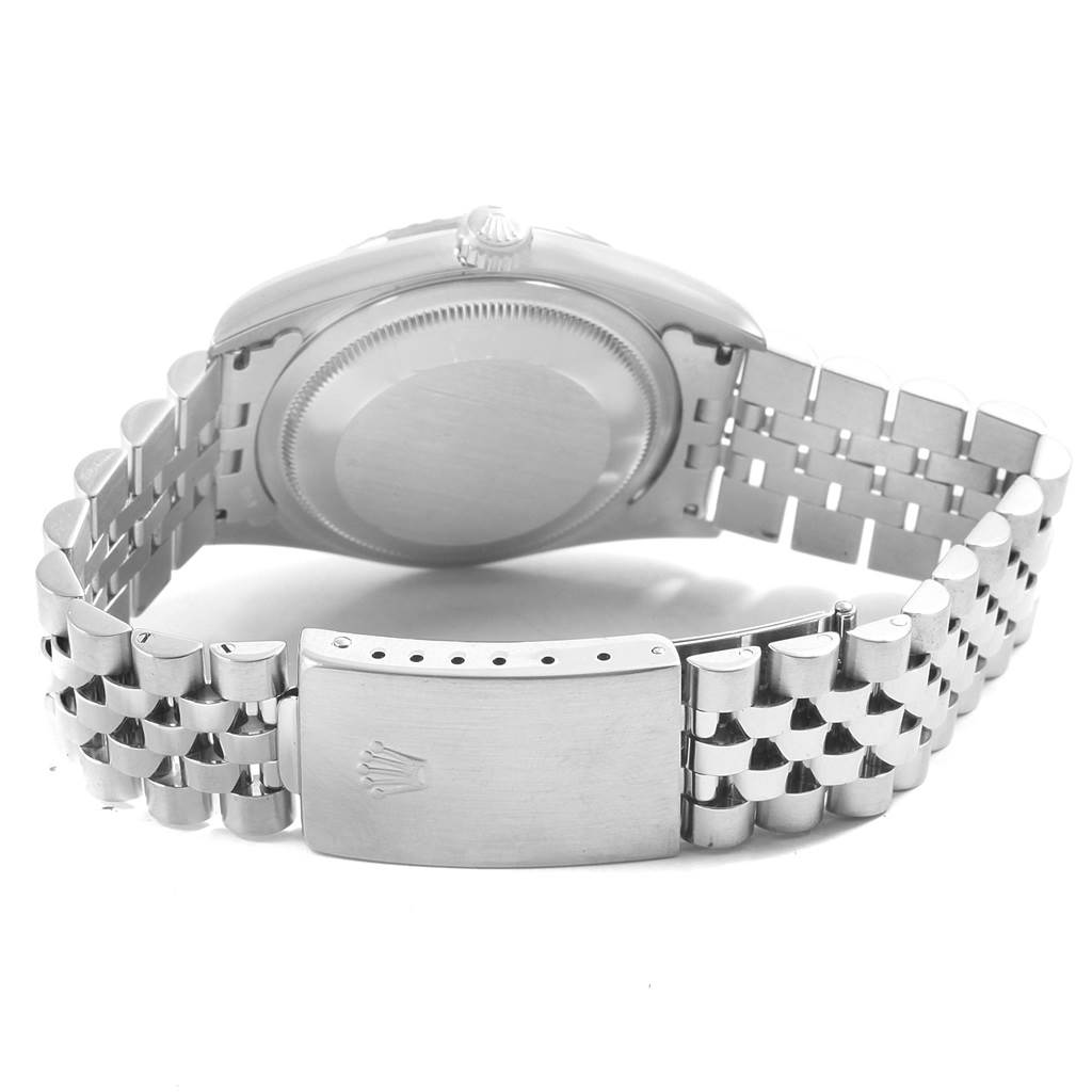 This image shows the back case and bracelet clasp of a Rolex Datejust 16220 Men
s Stainless Steel White Dial 16220 Men
s Stainless Steel White Dial watch from a rear view angle.