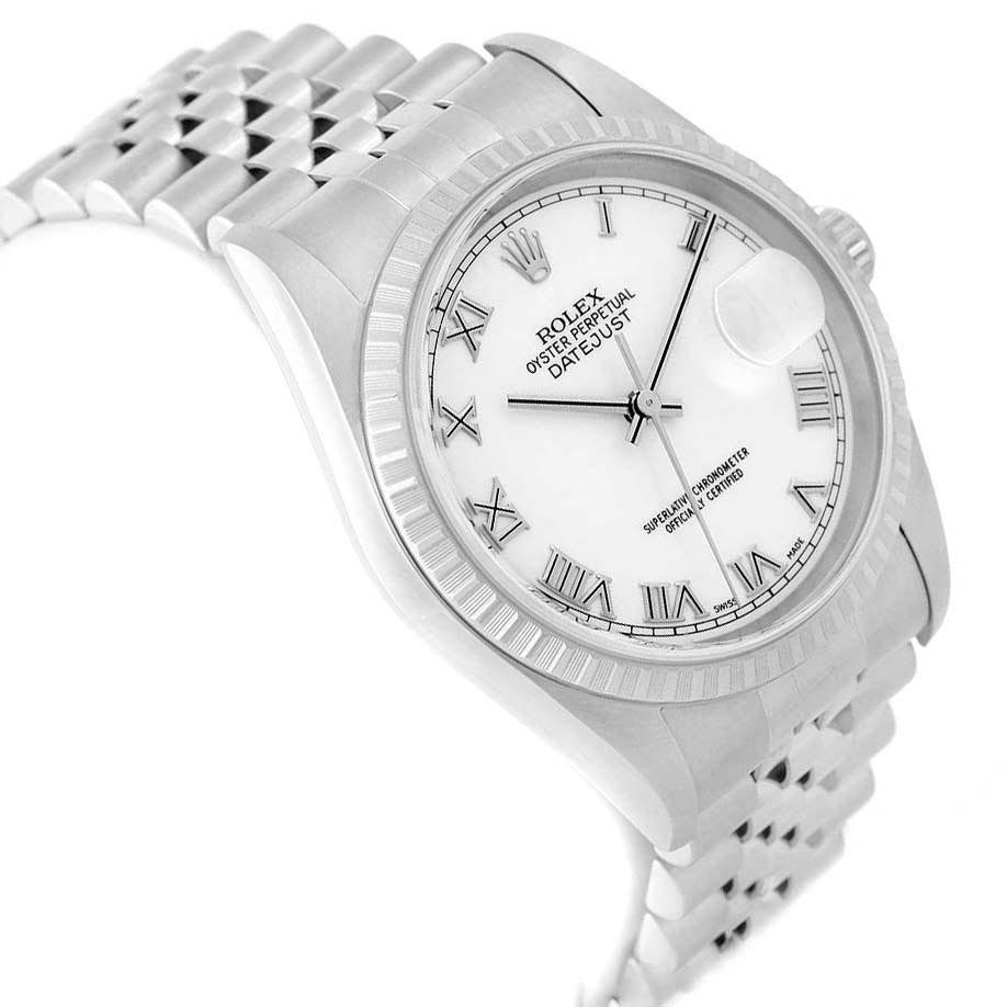 The Rolex Datejust 16220 Men
s Stainless Steel White Dial 16220 Men
s Stainless Steel White Dial watch is shown at an oblique angle highlighting its dial, bezel, and bracelet.