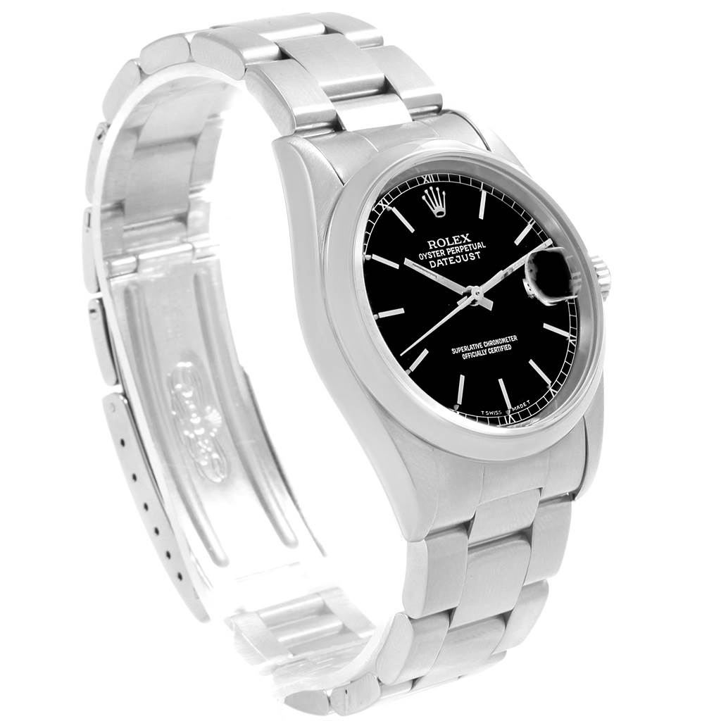 The image shows a Rolex Datejust 16200 Men's Stainless Steel Black Dial 16200 Men's Stainless Steel Black Dial watch at an angled view highlighting the bracelet, bezel, and face.