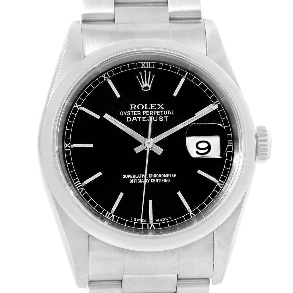 The image shows a front view of the Rolex Datejust 16200 Men's Stainless Steel Black Dial 16200 Men's Stainless Steel Black Dial watch, highlighting the black dial, silver hands, date window, and part of the bracelet.