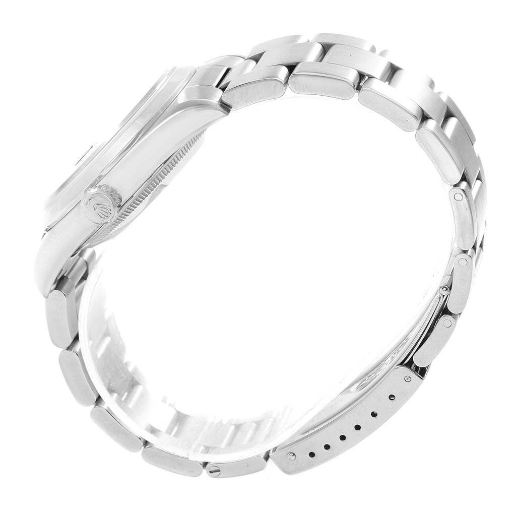 The image shows a side view of the Rolex Datejust 16200 Men's Stainless Steel Black Dial 16200 Men's Stainless Steel Black Dial watch, highlighting its bracelet and part of the case.