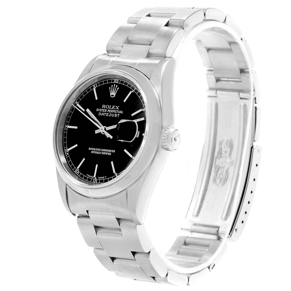 The image shows a Rolex Datejust 16200 Men's Stainless Steel Black Dial 16200 Men's Stainless Steel Black Dial watch from a front angle, displaying the face, bezel, crown, and bracelet.