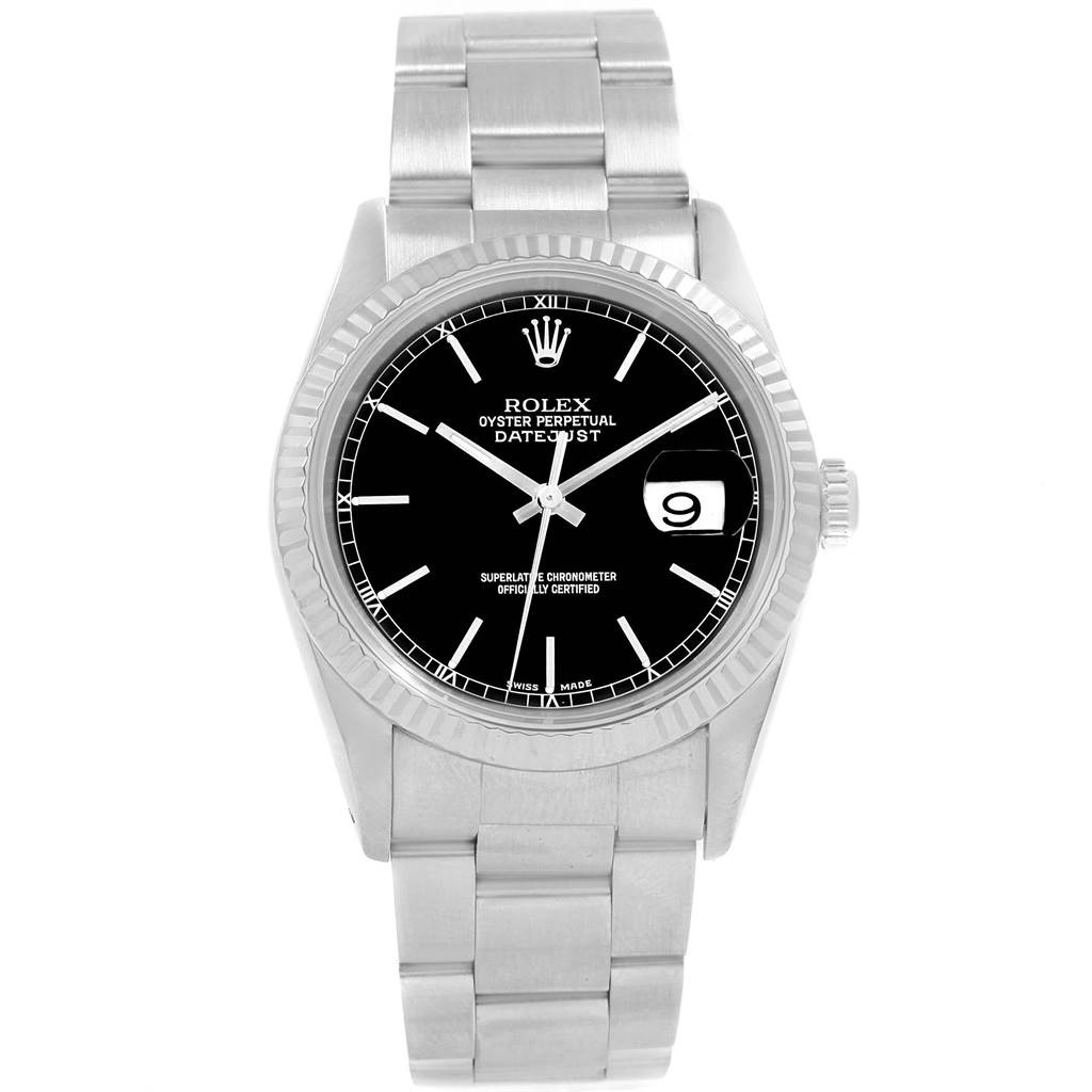 This image shows a front view of a Rolex Datejust 16220 Men's Stainless Steel Black Dial 16220 Men's Stainless Steel Black Dial watch, highlighting the dial, bezel, bracelet, and date window.
