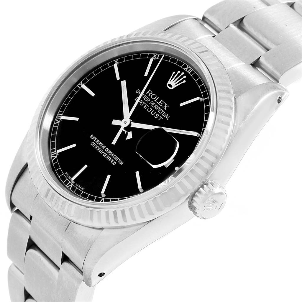 The image shows a Rolex Datejust 16220 Men's Stainless Steel Black Dial 16220 Men's Stainless Steel Black Dial watch at an angle highlighting the black dial, fluted bezel, bracelet, and crown.