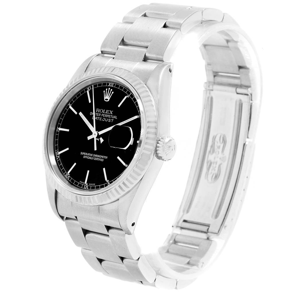 The Rolex Datejust 16220 Men's Stainless Steel Black Dial 16220 Men's Stainless Steel Black Dial watch is shown at a three-quarter angle, highlighting the black dial, crown, and part of the stainless steel bracelet.