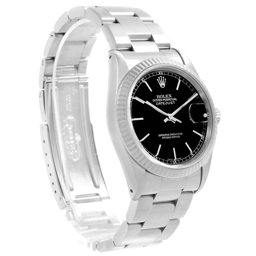 The Rolex Datejust 16220 Men's Stainless Steel Black Dial 16220 Men's Stainless Steel Black Dial watch is shown at a slight angle, displaying the dial, bezel, case, and part of the bracelet.