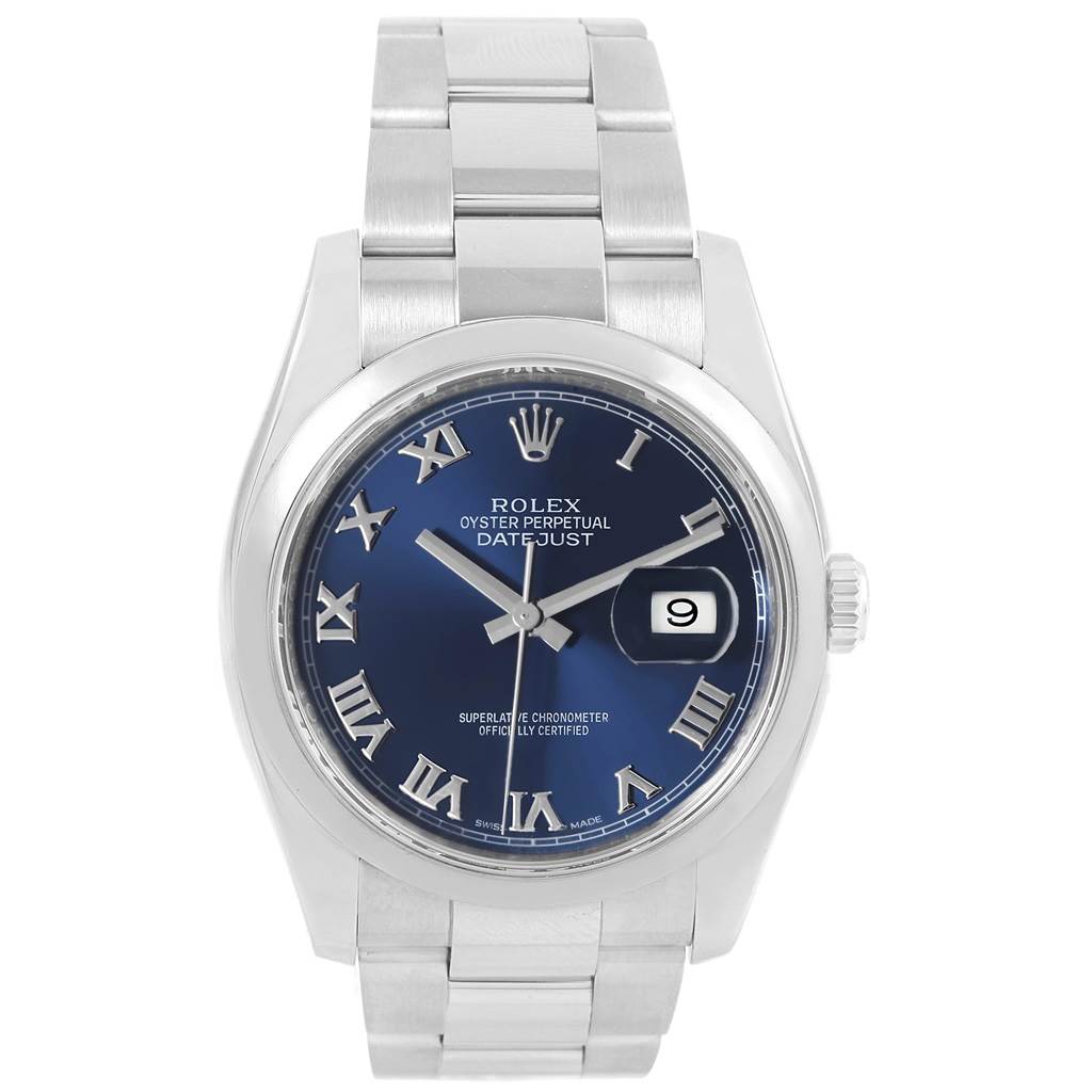 The image shows a Rolex Datejust 116200 Men's Stainless Steel Blue Dial 116200 Men's Stainless Steel Blue Dial watch from a front view, displaying its blue dial, Roman numerals, and stainless steel bracelet.
