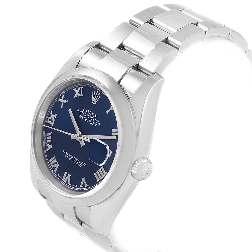 This Rolex Datejust 116200 Men's Stainless Steel Blue Dial 116200 Men's Stainless Steel Blue Dial watch is shown at a slight angle, featuring its blue dial, Roman numerals, crown, and metal bracelet.