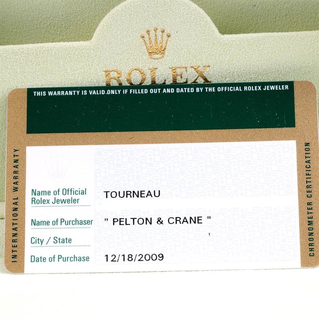 This image shows the warranty card for a Rolex Datejust 116200 Men's Stainless Steel Blue Dial 116200 Men's Stainless Steel Blue Dial watch, including the brand logo and information about the purchase.