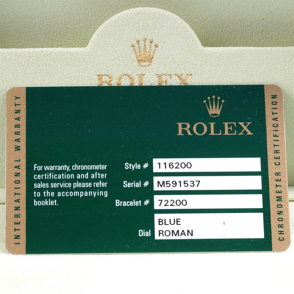 The image shows the warranty card for a Rolex Datejust 116200 Men's Stainless Steel Blue Dial 116200 Men's Stainless Steel Blue Dial watch with model number 116200 and a blue Roman dial.