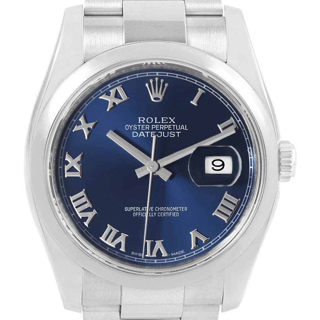This image shows a frontal view of the Rolex Datejust 116200 Men's Stainless Steel Blue Dial 116200 Men's Stainless Steel Blue Dial watch, highlighting its blue dial with Roman numerals, date window, and stainless steel case.