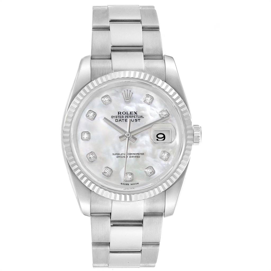 The image shows a frontal view of a Rolex Datejust 116234 Men's Stainless Steel Mother of Pearl Dial 116234 Men's Stainless Steel Mother of Pearl Dial watch, highlighting the face, bezel, and bracelet.