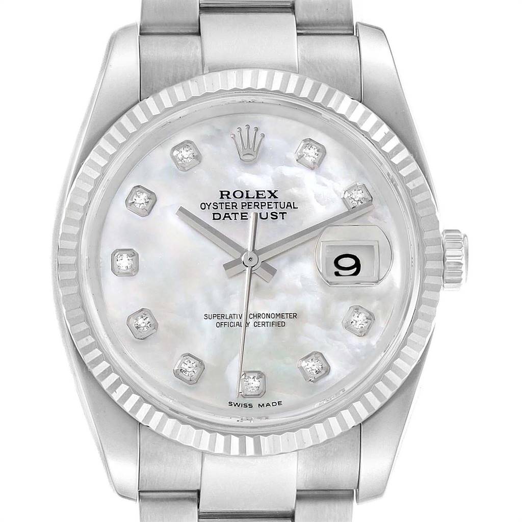 This image shows a front view of the Rolex Datejust 116234 Men's Stainless Steel Mother of Pearl Dial 116234 Men's Stainless Steel Mother of Pearl Dial watch, highlighting the dial, crown, and bracelet.