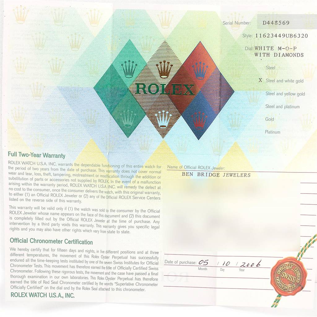 This image shows the warranty and chronometer certification card for a Rolex Datejust 116234 Men's Stainless Steel Mother of Pearl Dial 116234 Men's Stainless Steel Mother of Pearl Dial model with details about the dial, material, and purchase date.