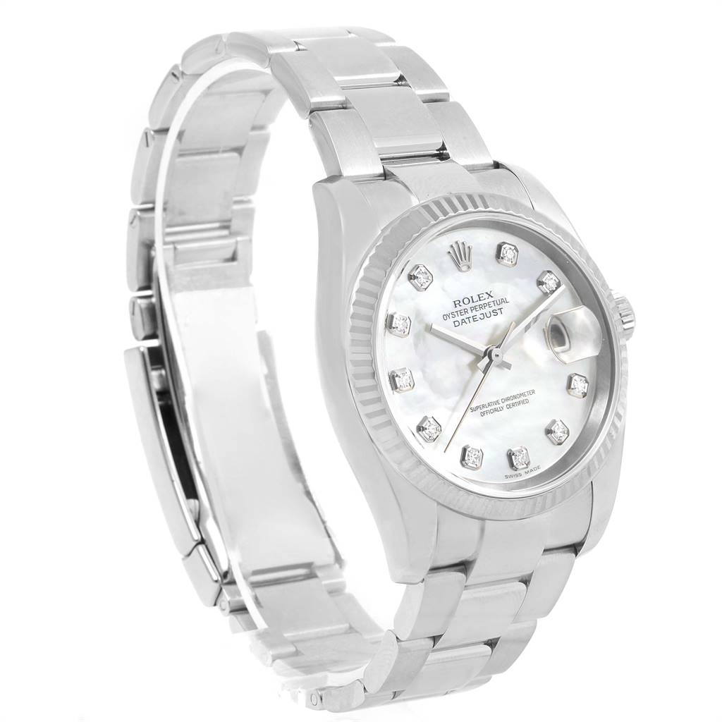 This Rolex Datejust 116234 Men's Stainless Steel Mother of Pearl Dial 116234 Men's Stainless Steel Mother of Pearl Dial watch is shown at an angle that highlights its face, bracelet, and crown, displaying the full dial and part of the band.