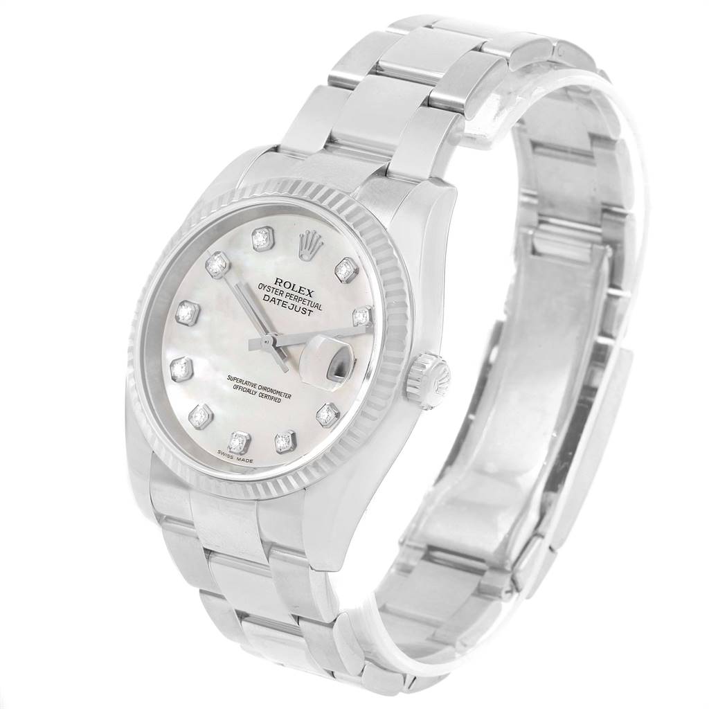 The Rolex Datejust 116234 Men's Stainless Steel Mother of Pearl Dial 116234 Men's Stainless Steel Mother of Pearl Dial watch is shown at a slight angle, highlighting the face, bezel, and bracelet.
