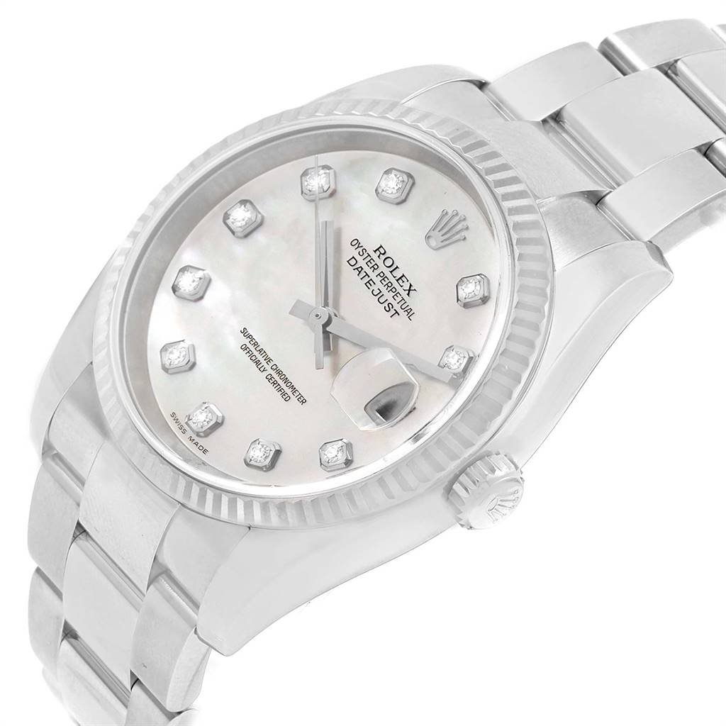 The Rolex Datejust 116234 Men's Stainless Steel Mother of Pearl Dial 116234 Men's Stainless Steel Mother of Pearl Dial watch is shown at an angle highlighting its dial, date window, and part of the bracelet.