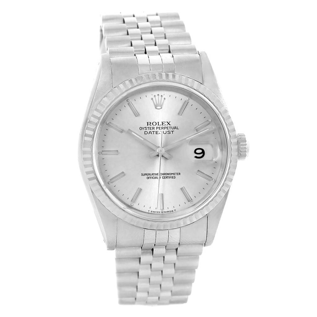 The image shows a frontal view of the Rolex Datejust 16234 Men's Stainless Steel Silver Dial 16234 Men's Stainless Steel Silver Dial watch, displaying its face, bezel, and bracelet.