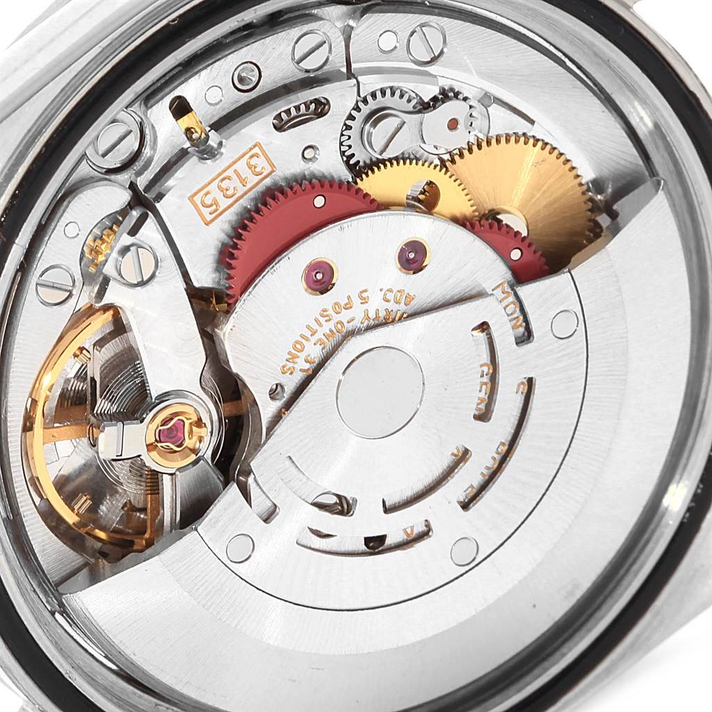 This image shows a close-up view of the movement mechanism inside a Rolex Datejust 16234 Men's Stainless Steel Silver Dial 16234 Men's Stainless Steel Silver Dial model watch.